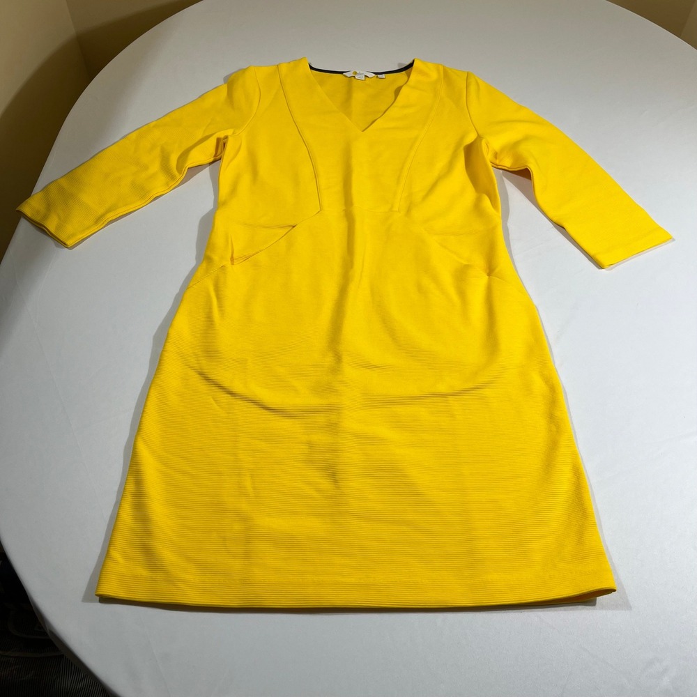 Boden Ottoman Ribbed Dress Women Size 8R Yellow V-Neck 3/4 Sleeve
